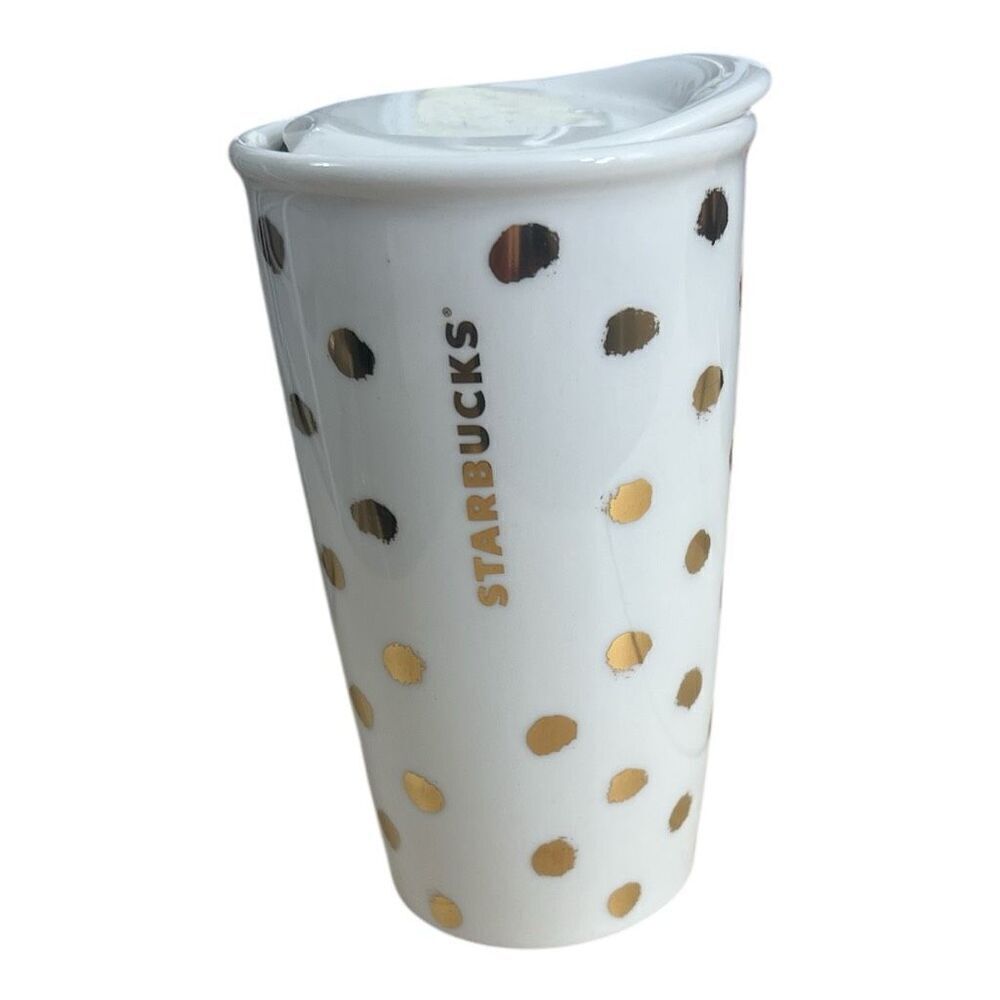 Starbucks 2014 Gold Dots White Ceramic Coffee Mug 12 oz Double Wall Ceramic Lid
